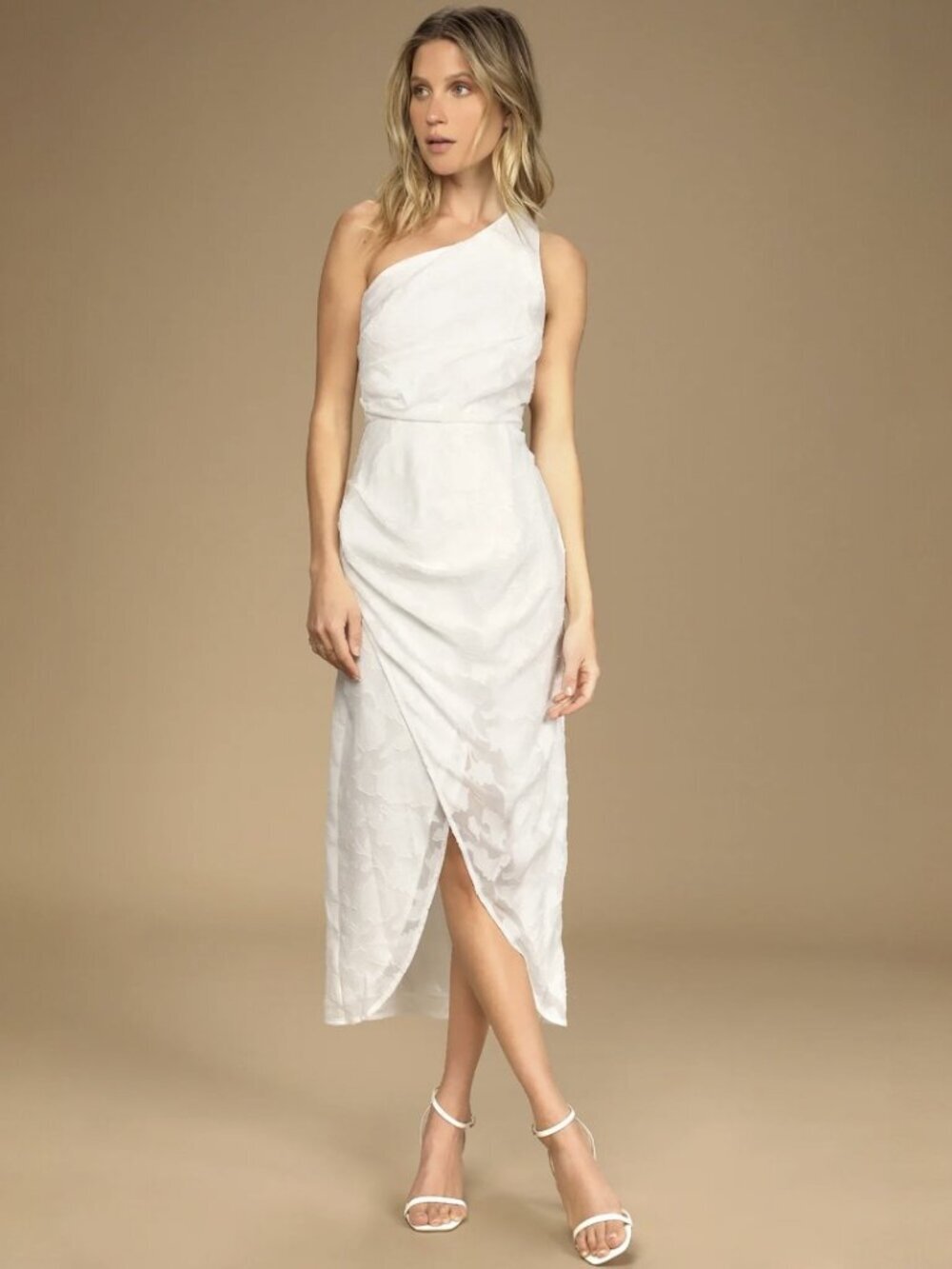 NWT Lulus Dreamy Desires White Floral Burnout One-Shoulder Midi Dress (size S)